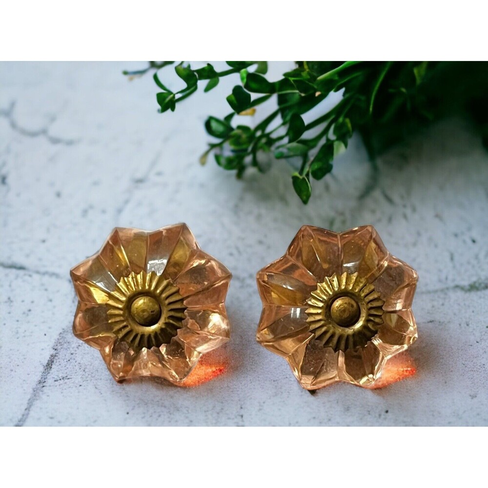 Set 2 Pink Peach 8 Point Glass Door Cabinet Drawer Knob Pull Brass Shabby Chic
